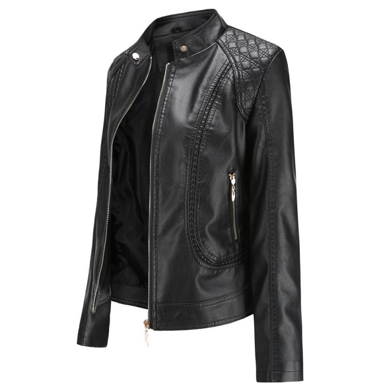 Womens PU Leather Jacket Slim Fit Stand Collar Plus Size Fashion Outerwear Daily Wear