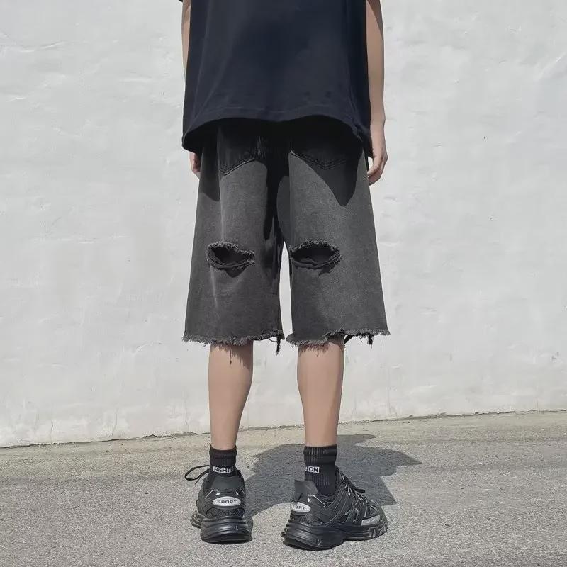 Urban Hip-Hop Pánské roztrhané džínové šortky s odřením - Retro volný střih, Surové okraje, Letní styl s praním