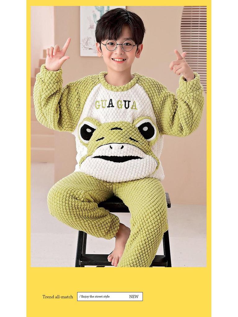 Flanell-Cartoon-Pyjama für Jungen - Langärmlig, Rundhalsausschnitt, Korallenfleece, Herbst/Winter