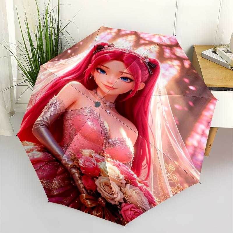 Demon Hunter Print Automatic Umbrella, 8 Rib Iron Frame, Plastic Handle, Suitable for Outdoor Travel &Daily , Ideal Gift