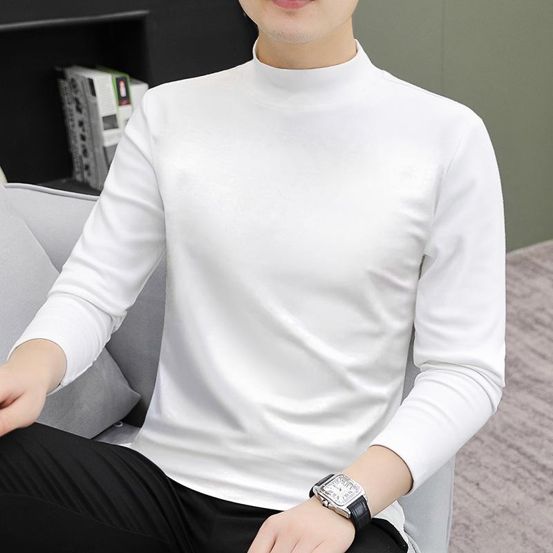 Spring Autum Half High Collar Solid Color Bottomed T-shirt Male Long Sleeve All-match Cotton Top Pullover Tee Men