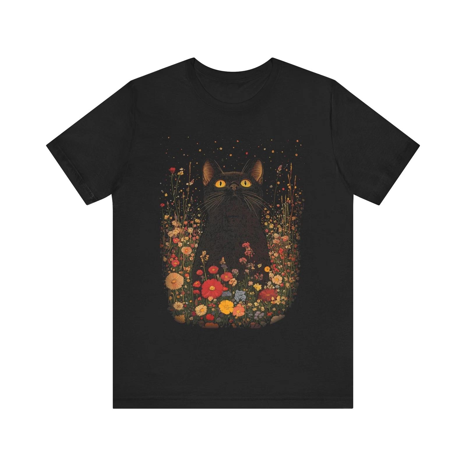 

Black Cat in Flower Tee Garden Art Shirt Nature & Spring Floral Design T-Shirt 2XL