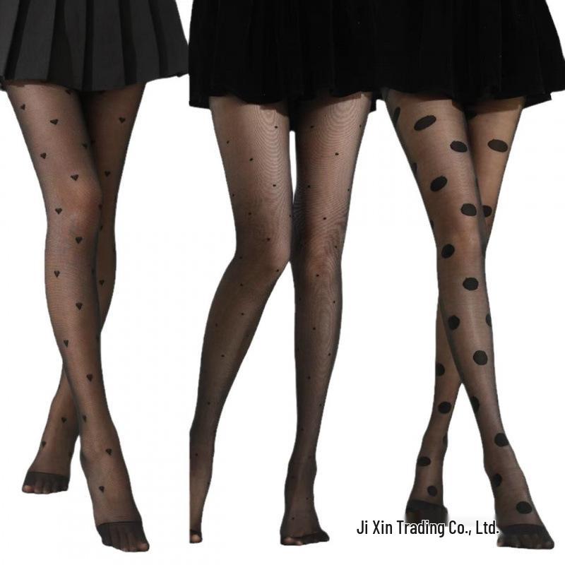 Women's Cross Heart Polka Dot Silk Stockings - Sexy Lolita Tights in Black