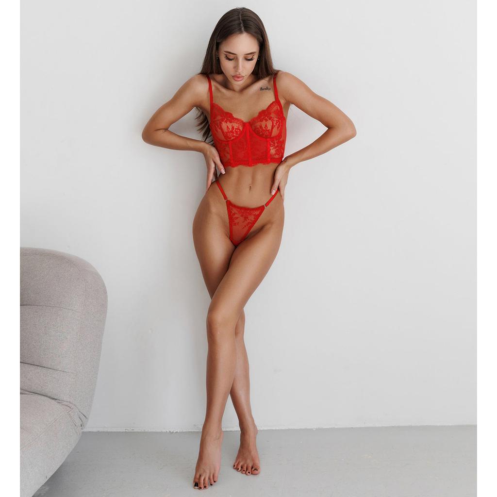 Floral Embroidery Boned Camisole Transparent Temptation Pure Desire Shapewear Lingerie Set Underwear