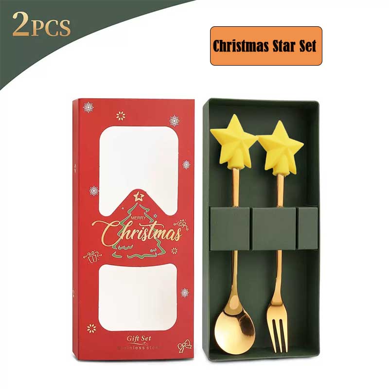 2PCS Stainless Steel Coffee Spoon Christmas Dessert Spoon Cake Fork Cartoon Christmas Tree Elk Spoon Fork Christmas Gift Box