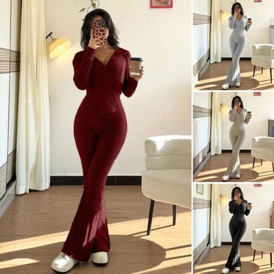 Dámské 2dílné teplákové soupravy Zipové mikiny s kapucí a zvonové kalhoty Žebrované úplety Sexy bodycon Teplákové soupravy na cvičení