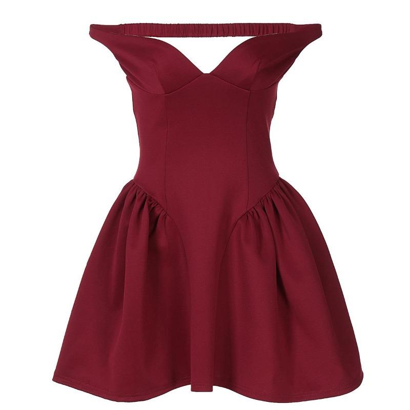

Women s Autumn New Sexy Collar Low Chest Spice Girl Halter Solid Color Slim Dress Dress Women L бордовий
