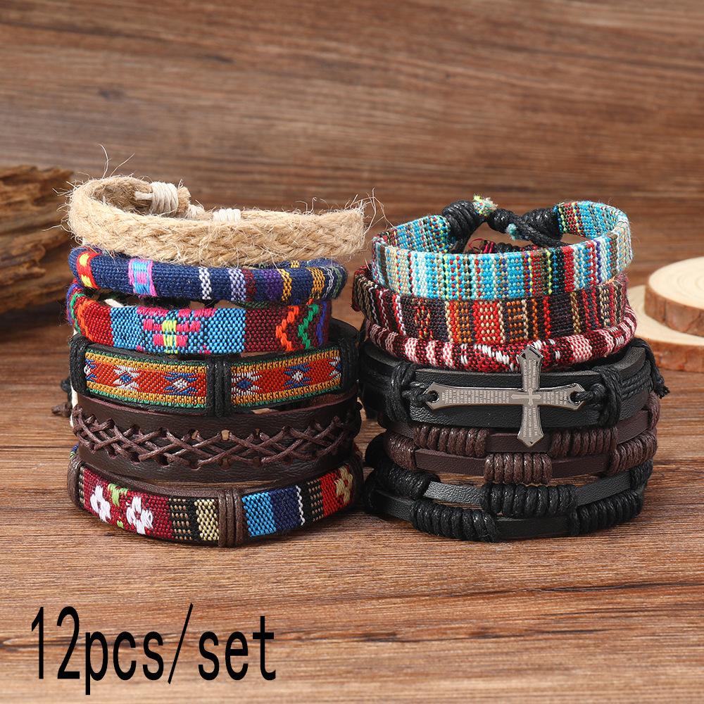 European and American ethnic wind alloy life tree hemp rope leather combination woven hand rope Amazon DIY men's bracelet