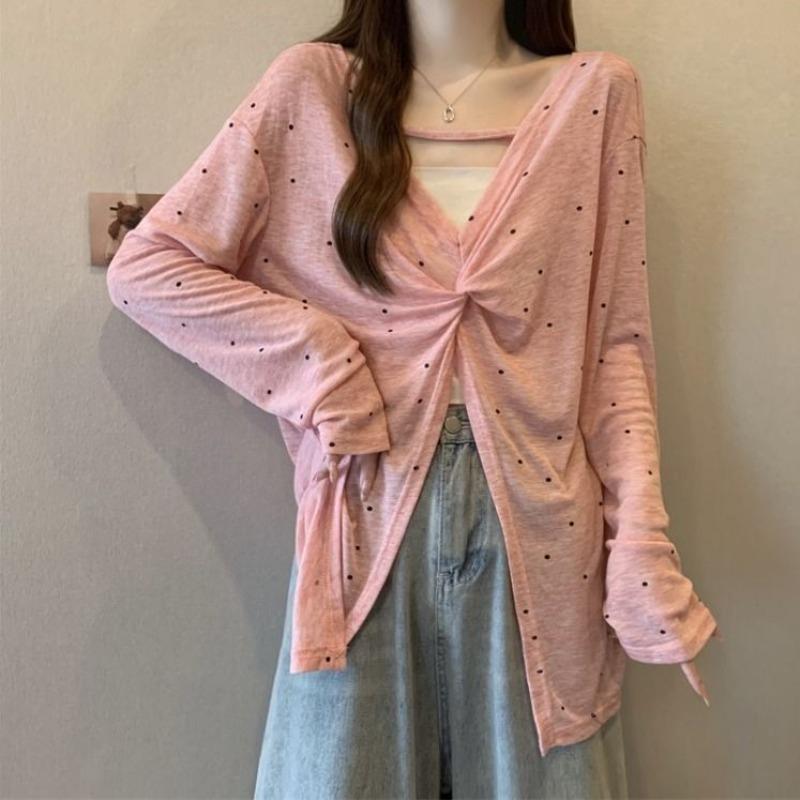 

Літня жіноча футболка з тонким дизайном у горошок, вільна кругла горловина, жіночий стиль із закручуванням, із довгими рукавами, захист від сонця, повсякденний універсальний оверсайз-топ onesize рожевий