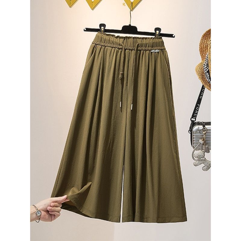 Japanese and Korean Plus Size Women's Clothing Artsy Summer High Waist Shoelace Thin Tencel Casual Cropped Wide Leg Culottes Trendy M-4XL