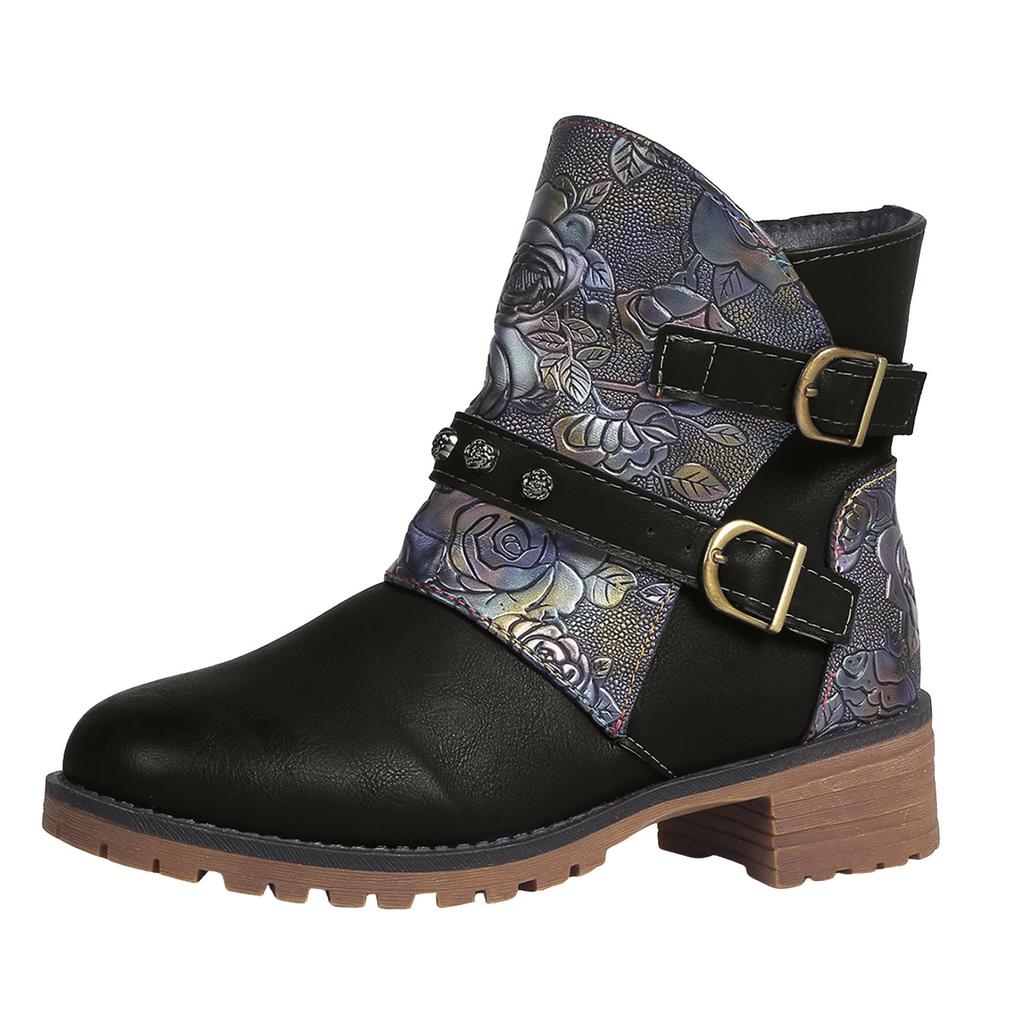 Dames platform enkellaarsjes van patchwork leer, modieus, casual, retro, met wijde schacht, kniehoog, voor dames in grote maten, exotisch.