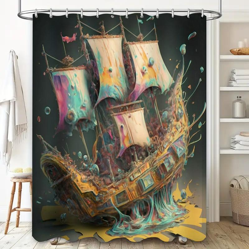 Artistic Sailboat Shower Curtain Waterproof Printed for Bathroom Decor Home Decoration Watermelon Print Bathtub Cover Size 180x2