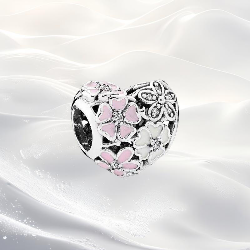 Cherry Blossom Flower Clip Charm Beads Dangle Fit Original Snake Silver Bracelet Necklace Bead For Diy Jewelry Women Gift