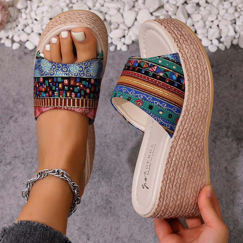Fashion 2025 New Women's Wedge Heel Slippers PU Leather Elegant Fashion Pattern Design Casual Open-toe Summer Thick-soled Sandals