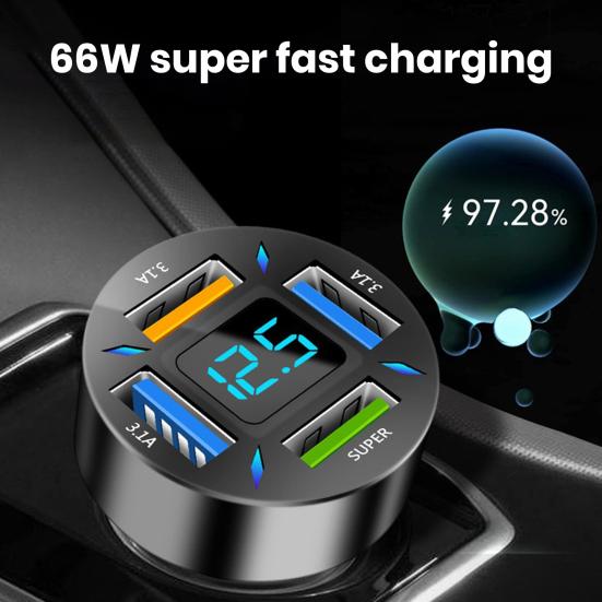 66W Car Super Fast Charger with 4 USB Ports LED Display Real-time Battery Monitoring PD QC3.0 2.4A Car Charger for Phone Tablet