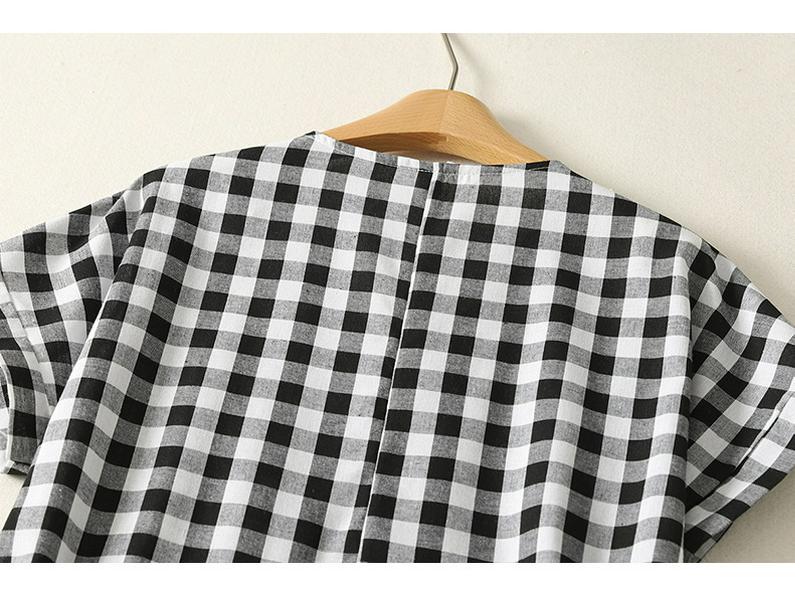 Women's Short Sleeve Plaid Shirt Dress - Fashionable, Loose-Fit, Slimming Cotton and Linen Design