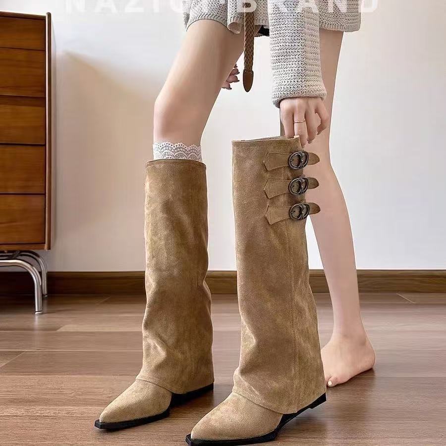 2026 Winter No Knee Long Pointed Pants with Belt Buckle and White Slope Heel Knight Boots