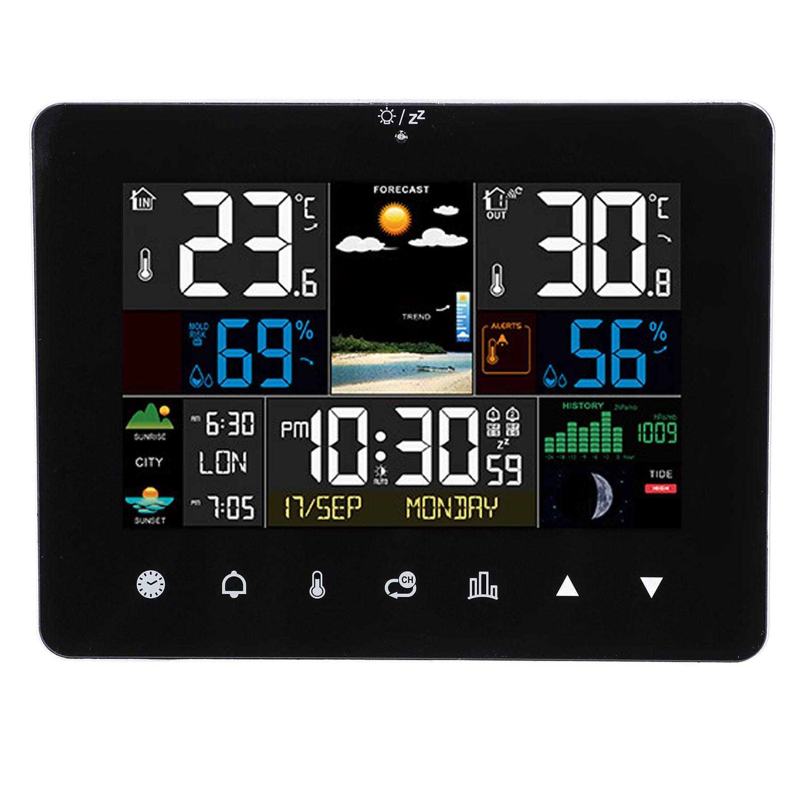 

Wireless Weather Calendar Clock Color Touchscreen Display RF Sensor Temperature Humidity Meter for Indoor and Outdoor