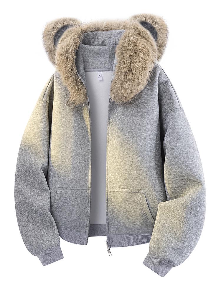 Unisex Teddybär-Ohren Pelzkragen Strickjacke Hoodie - Herbst/Winter 2026 Lockerer College-Stil Jacke