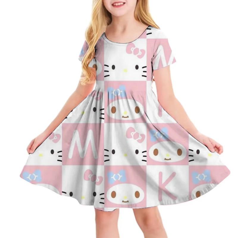 Hello Kitty Printed Children T Shirt Dresses Kuromi My Melody Girls Casual Dress Kids Cute Kitty