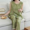 Summer Thin Sleeveless Pajamas Women's Cotton and Silk Floral Lace Wide-leg Pants Loose and Cool Loungewear Can Be Worn Outside Set
