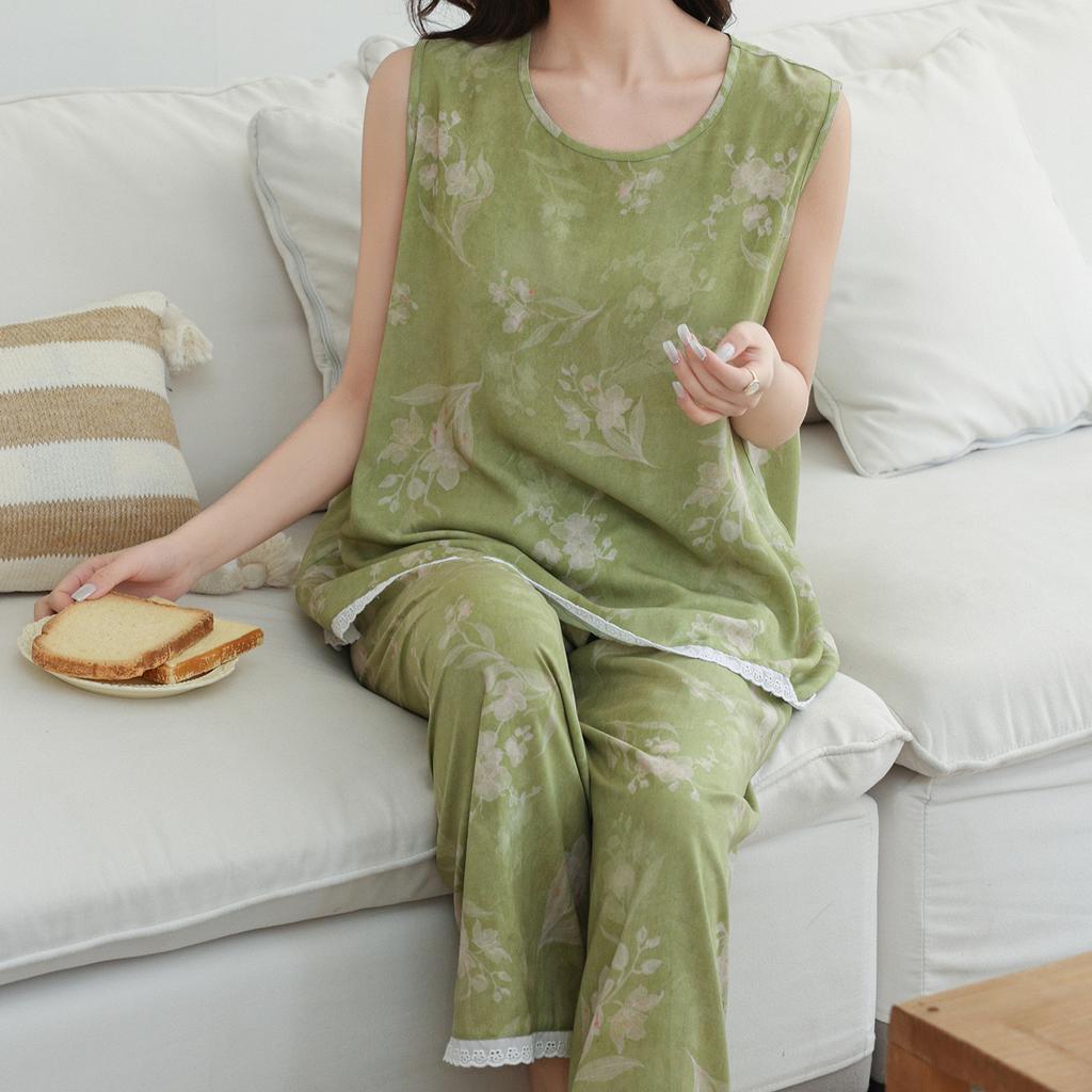 Summer Thin Sleeveless Pajamas Women's Cotton and Silk Floral Lace Wide-leg Pants Loose and Cool Loungewear Can Be Worn Outside Set