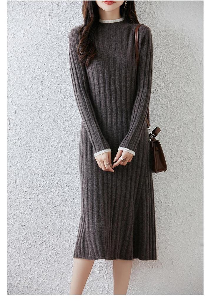 Women's Mid-Length Wool Knit Dress with High Collar - Elegant Cashmere Base Layer for Autumn/Winter