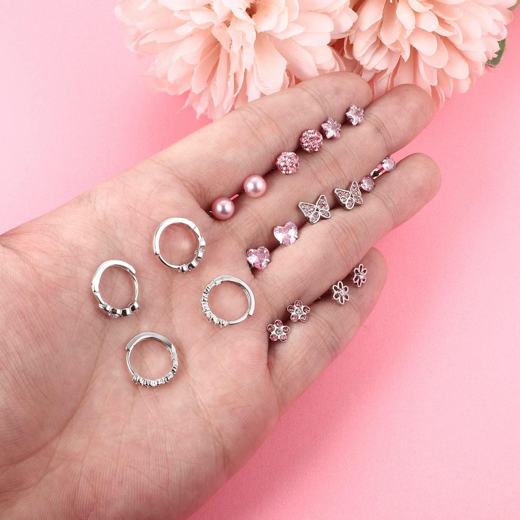 LOYALLOOK 10 Paar Ohrringe für Beliebte Kugel Chirurgischer Edelstahl Helix Ohrringe Frauen, Ohrringe, Einschraub-Ohrringe, Hypoallergen, Schmetterling,