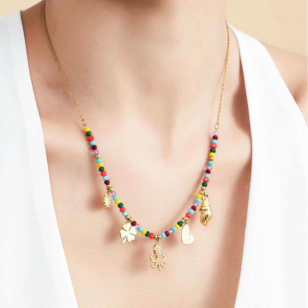 Multi Color Beaded Necklace In Stainless Steel 18k Gold Plated Chain Charm Necklaces Natural Stone Beads Necklace For Women