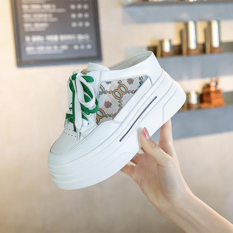Baotou half slippers women's outer wear 2025 summer new mesh breathable little white shoes thick sole inner height increase women's shoes sandals