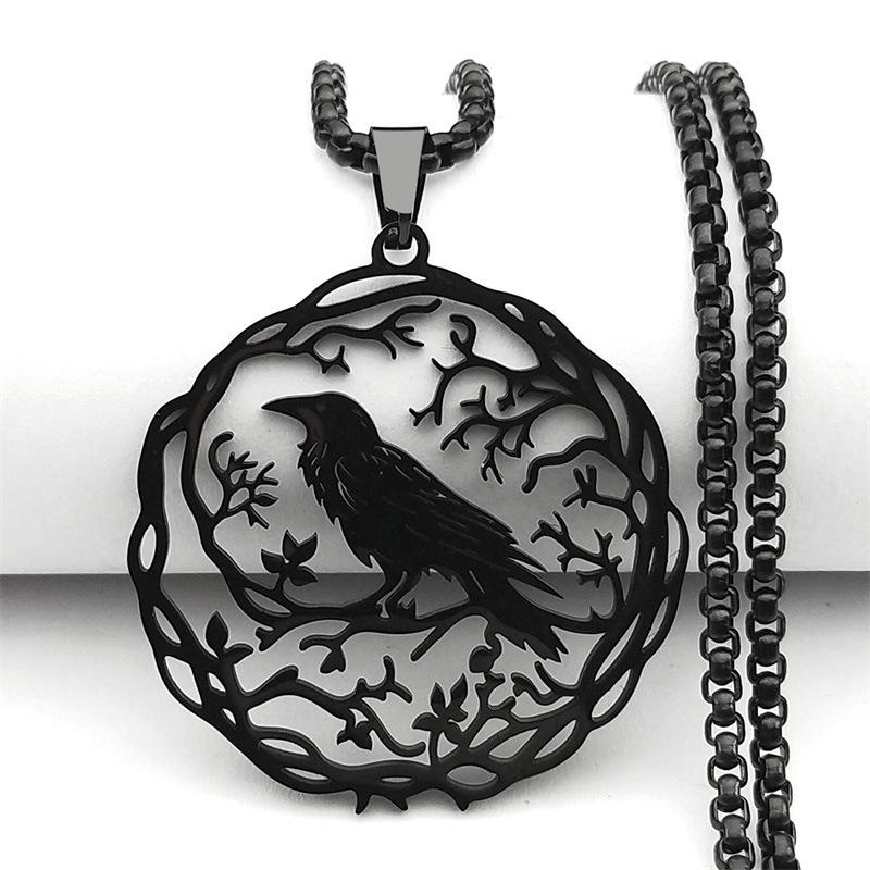 Raven Birds Pendant Necklace Women Men Stainless Steel Black Color Love Flower Of Life Knight Chain Jewelry Gifts