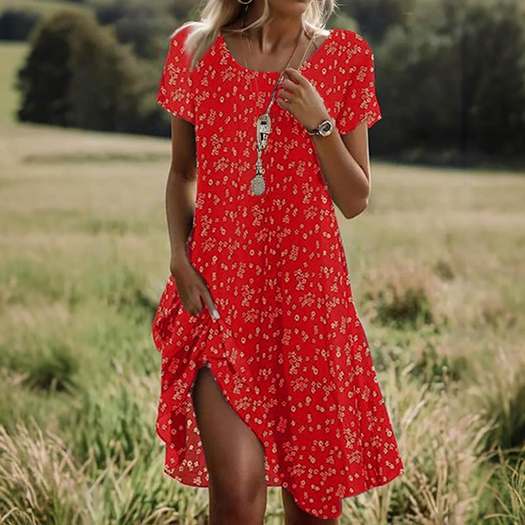 Short Sleeve Boho Dress For Women Casual Loose Fit Summer Sundress Floral Print Dress With Pockets