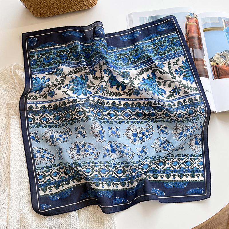 53 mulberry silk cotton small square scarf silk cotton square scarf summer thin blue sunscreen headscarf women s cashew flower silk scarf 53cm