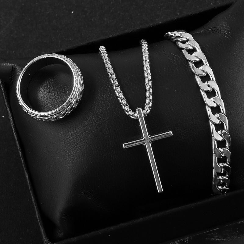3pcs/set Punk Black Cross Pendant Necklace Thick Chain Bracelet Ring Fashion Zircon Sets Men for Autumn