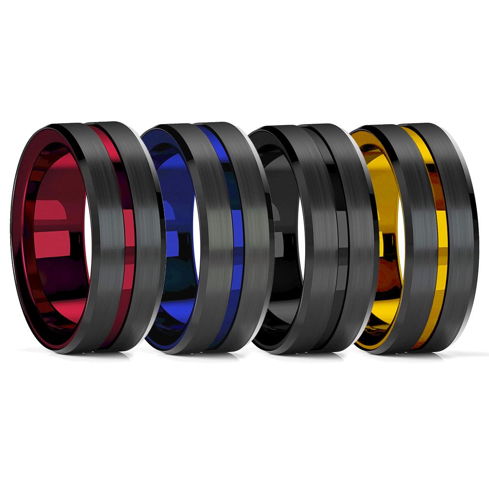 

Модные 8 мм вольфрамовые мужские обручальные стальные кольца черный синий красный золото цвет канавка скошенный край черные матовые кольца мужское обручальное кольцо