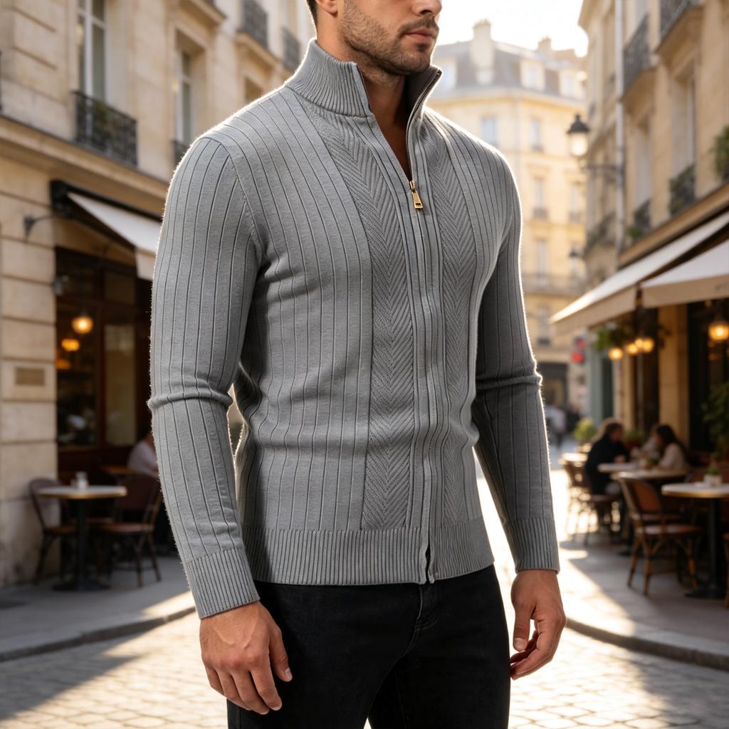 Men's Zip-Up Knit Cardigan Sweater with Mock Neck, Slim Fit Long Sleeve Cable Stripe Business Casual Top