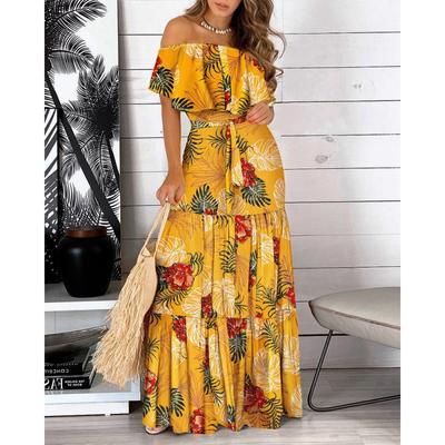 Zomer Dames Ruche Strapless Strik Bedrukt Lange Jurk