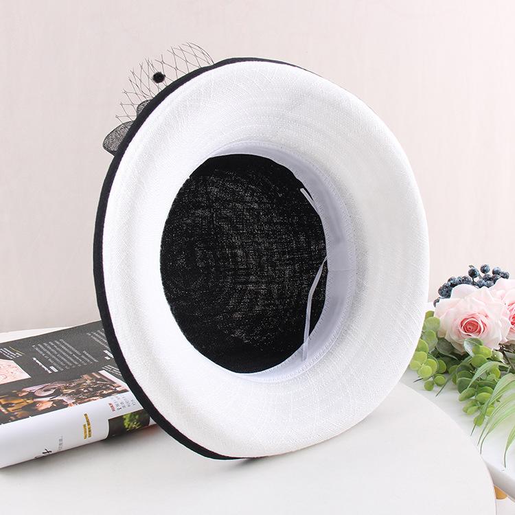 European And American Hepburn Style Black And White Crimped Top Hat, Linen Material Elegant Flower Fashion Hat, Women'S Summer Sunscreen Sunshade
