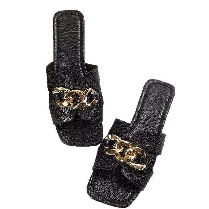Large size flat-bottomed slippers women's flat-bottomed lightweight fashion chain square head one-character casual sandals