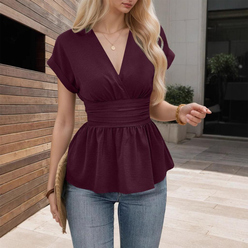 Women's Fashionable Loose V-neck Waist-cinching Color Raglan Sleeve Skirt With Pleated T-sleeves