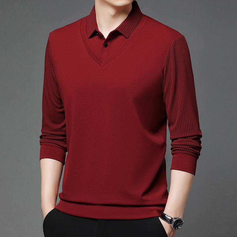 Spring And Autumn Men'S Fake Two-Piece Long-Sleeve T-Shirt, Men'S Business Casual Middle-Aged Striped Polo Shirt Base Layer Top, Men'S Wear