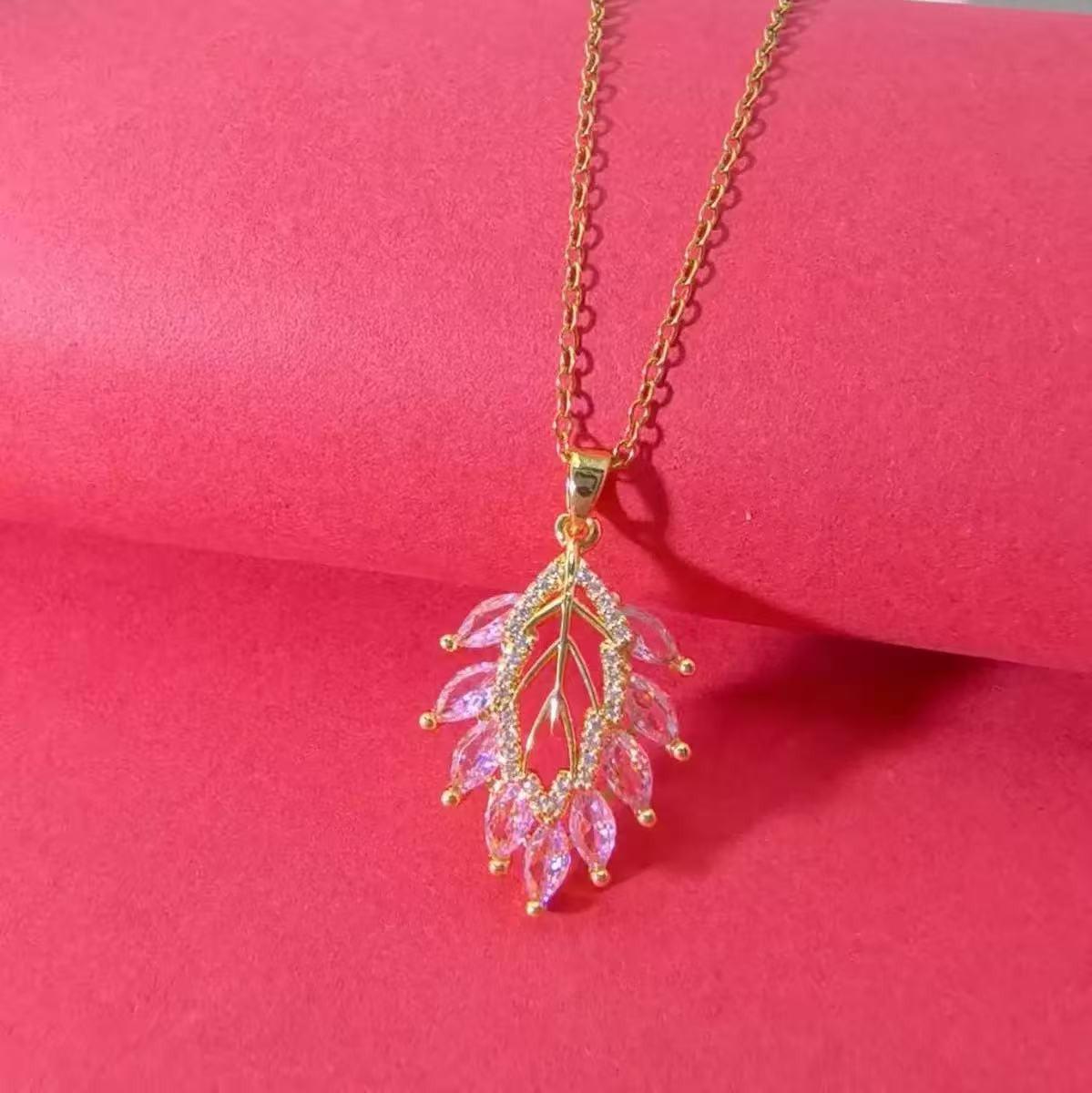High-End Titanium Steel Zircon Leaf Necklace - Non-Fading Design for Women