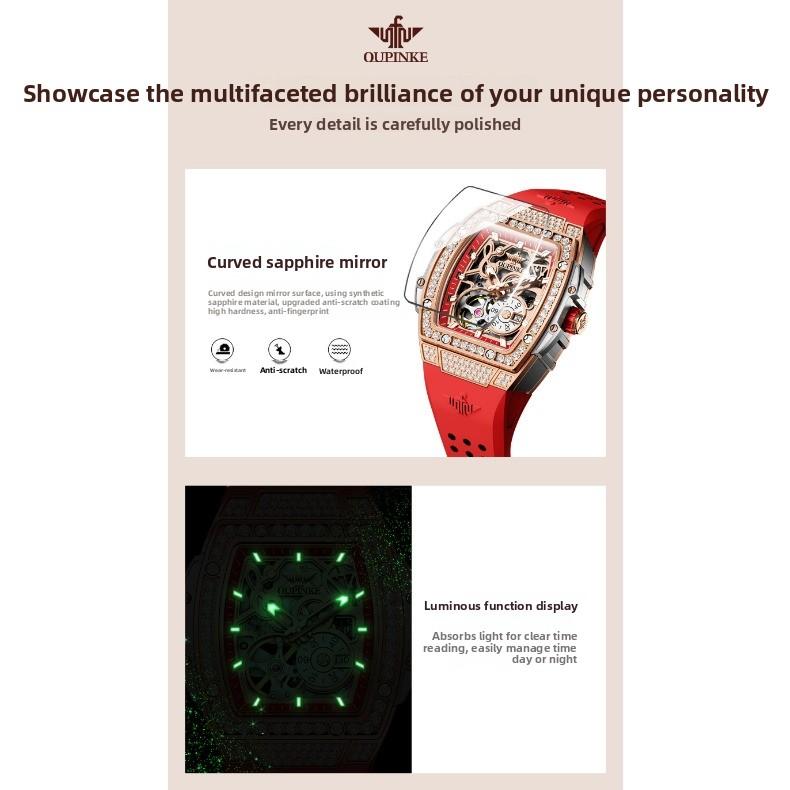OUPINKE Watches, Skeletonized Bar-shaped Silicon Automatic Mechanical Rubber Waterproof Ladies' Watches