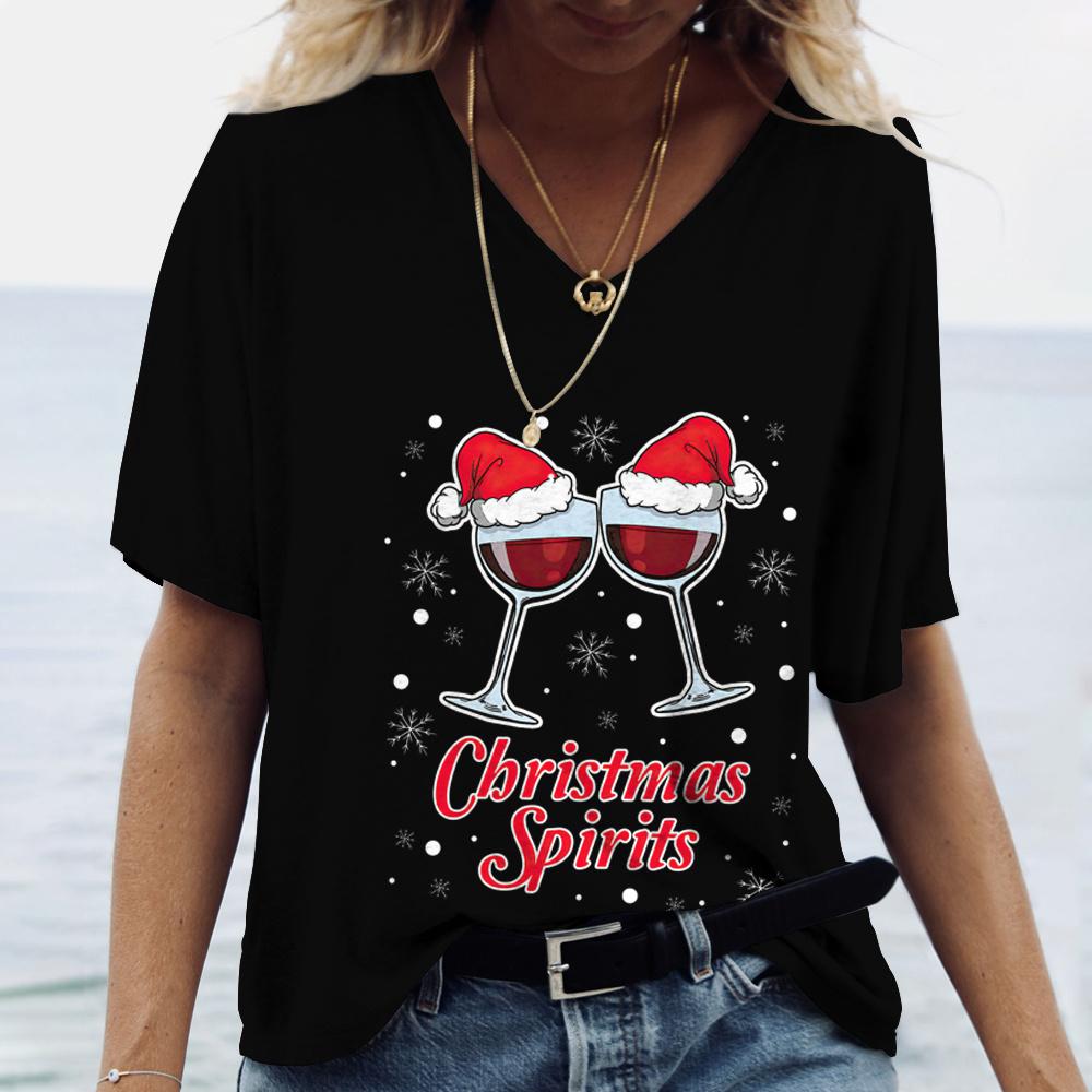 Weihnachts- Weinglas Muster Druck Damen V-Ausschnitt T-Shirts Lässiger Kurzarm Pullover T-Shirt Mode Oberteile Damen T-Shirts Kleidung