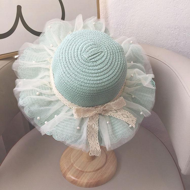 Girls Summer Straw Sun Hat With Pearl Lace Wide Brim Baby Beach Shade Cap Stylish UV Protection Outdoor Headwear