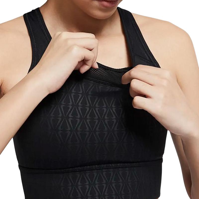 Nike Atmungsaktives, gepolstertes Sport-Tanktop mit Aufdruck für Damen, mittlerer Halt, Schwarz DM0554-010