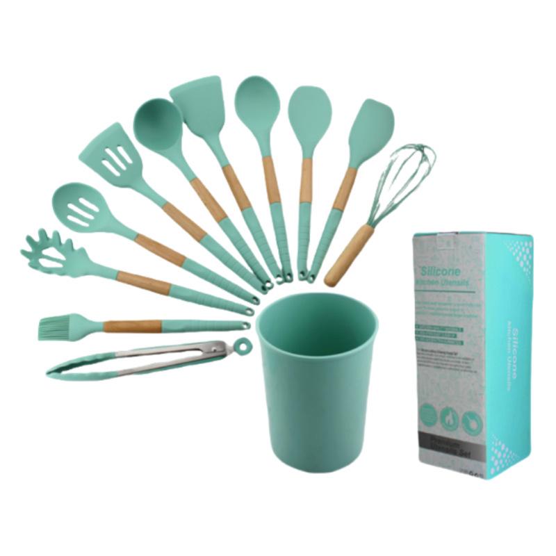 12-Piece Non-Stick Silicone Kitchenware Set: Spatula, Soup Ladle, Wok-Safe Utensils.