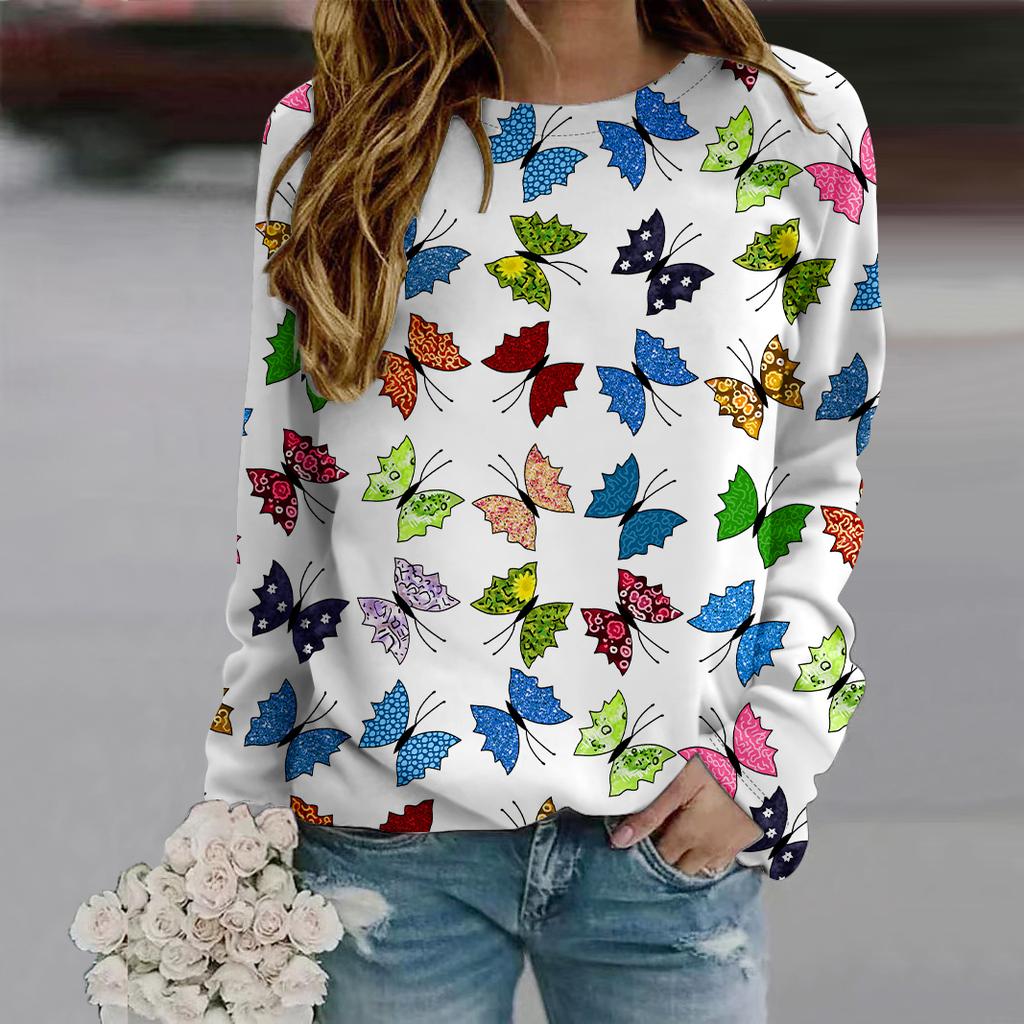 Fall Autumn Women'S Fashion O Neck Long Sleeve T-Shirt Loose Clothes Blue Chrysanthemum Butterfly Print T Shirt For Girls Street