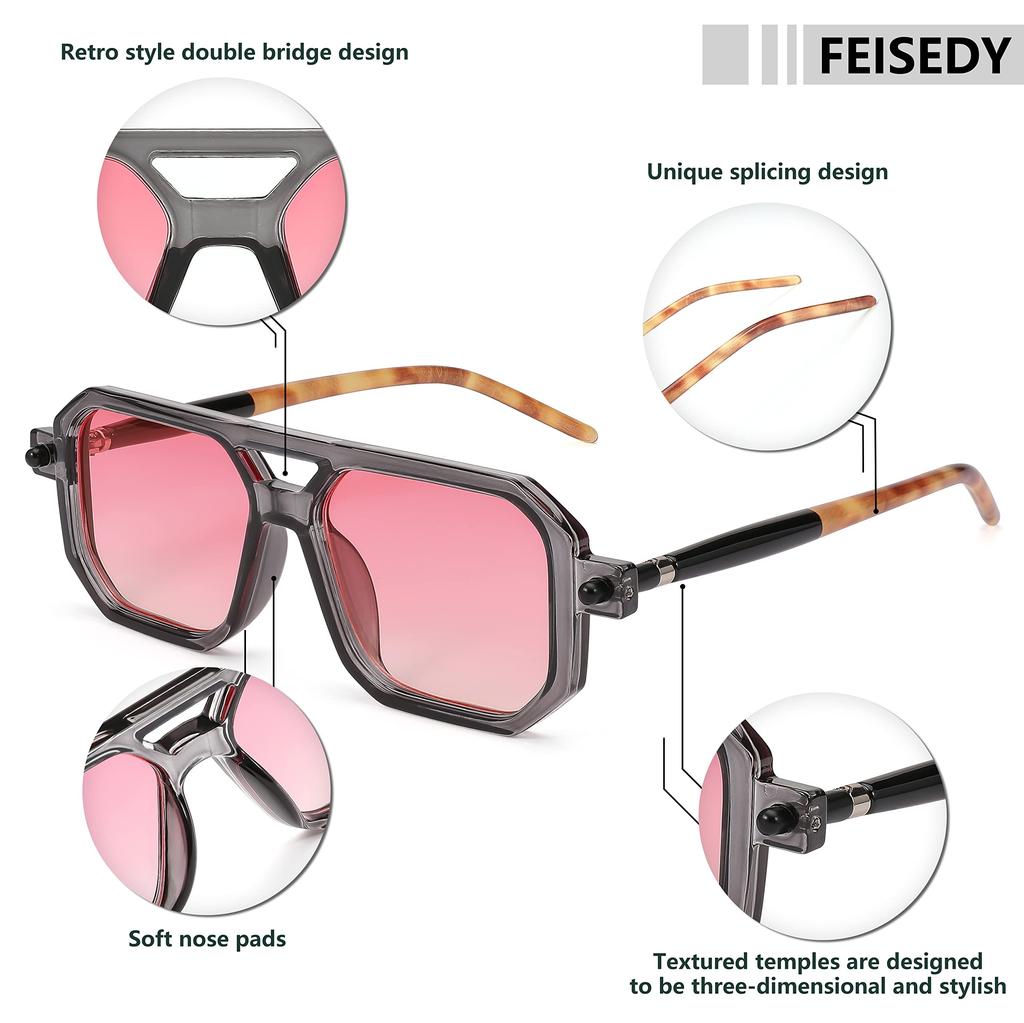 FEISEDY Retro Rectangular Sunglasses for Men and 70s Flat Aviator Classic B2622 Women, Sunglasses, UV400,