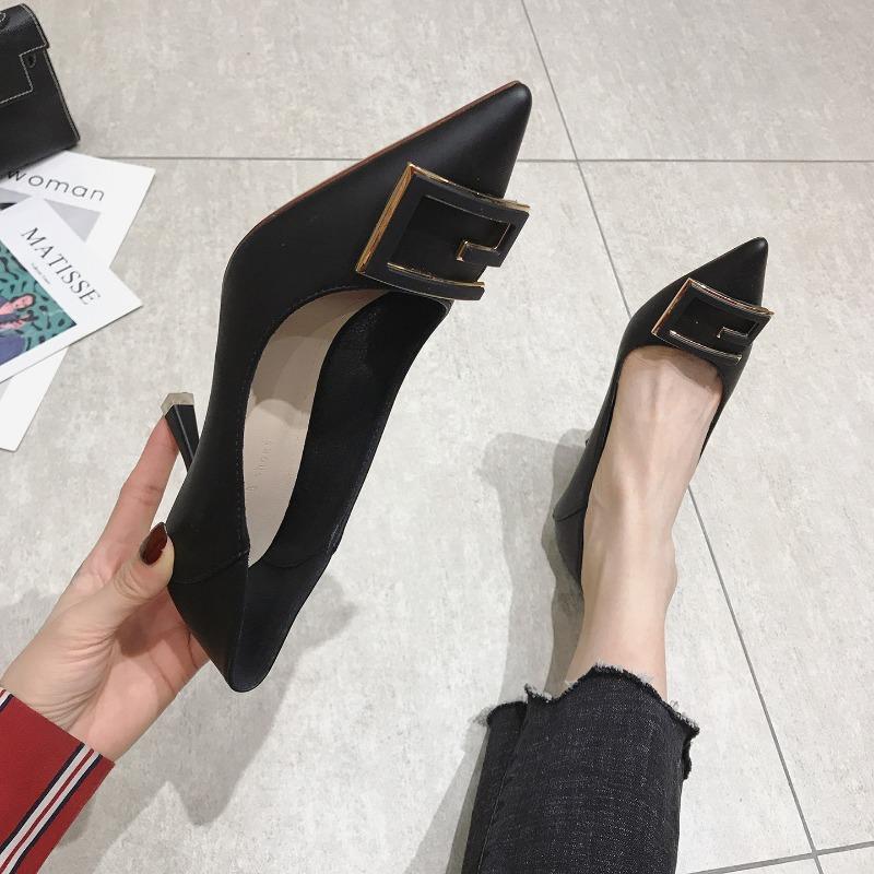 7-1 single shoes for women in autumn and winter, step on the heel square buckle pointed thin heel soft leather high heels 7.55.5 CM thick heel
